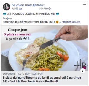 Post Facebook du plat du jour de la Boucherie Haute Berthault